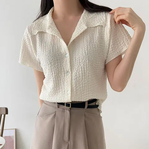 [옷자락]여자 여름 주름남방 카라넥 단추 스판 반팔 가디건