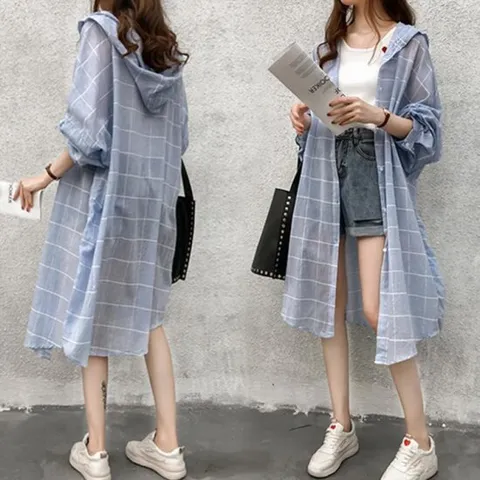 [키첼] 넬룬 체크 후드 롱 셔츠