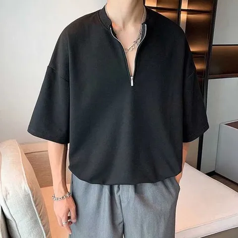 20대 남자 패션 앞지퍼 포인트 반팔티 면지퍼 카라티