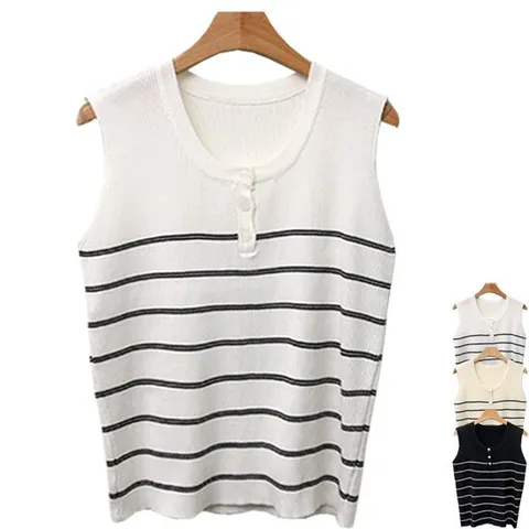 스트라이프 민소매니트/단가라나시/ 라운드 단추나시 여성티셔츠/정장레이어드/미시티셔츠