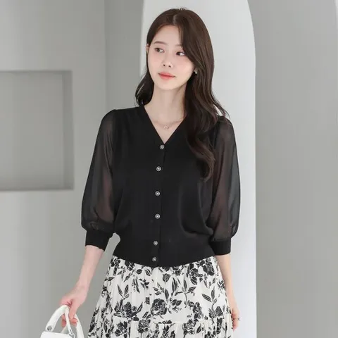 [오브리에] 바이샤 쉬폰 소매 니트 가디건