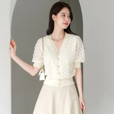 [오브리에] 뮤아즈 레이스 진주 반팔 니트 가디건