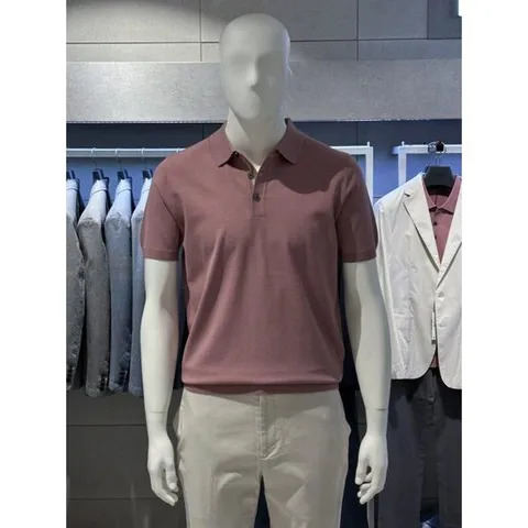 [트루젠]남성 핑크 카라 라인포인트 기본핏 반팔 카라 니트 티셔