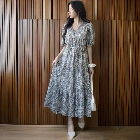 여성 플로럴 브이넥 반팔 롱 쉬폰 드레스