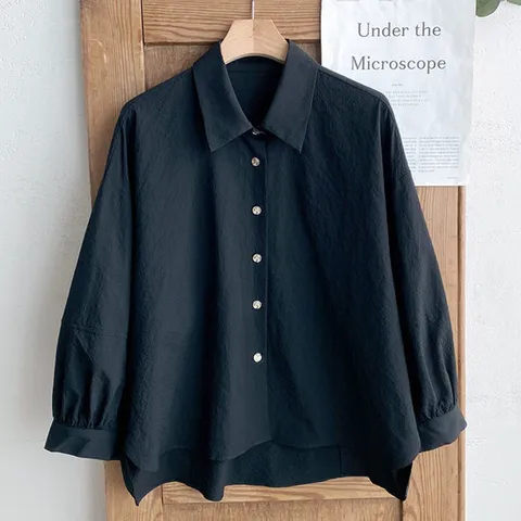 샵앤) 여성 카라넥 언발 루즈핏 데일리 7부 블라우스 셔츠 DGB-WBL-4336-블랙