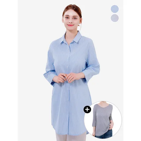 [후스타일][보노보] 여성 루즈핏 린넨 롱 셔츠+루즈핏 베이직 티