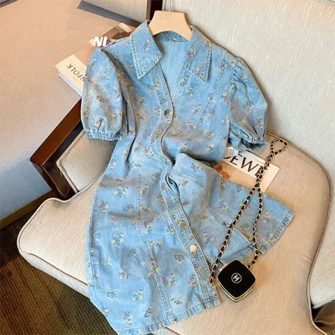 [아리엘스타일]봄코디 플라워패턴 데이트룩 큐티링데님원피스