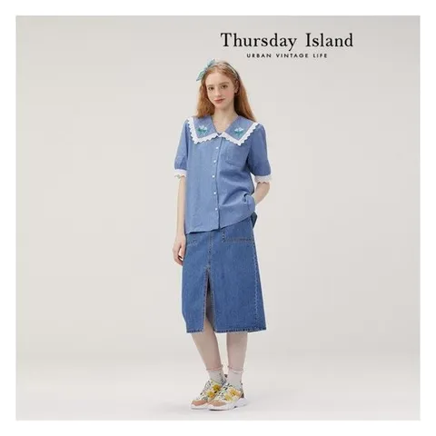 [써스데이아일랜드][Thursday Island] 자수 카라 데님 블라우스(