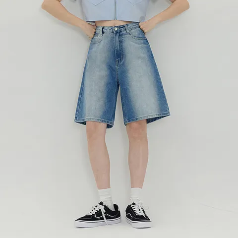 [진마니아]여성 A라인 빅워싱 블루 5부 와이드 데님 쇼츠 팬츠