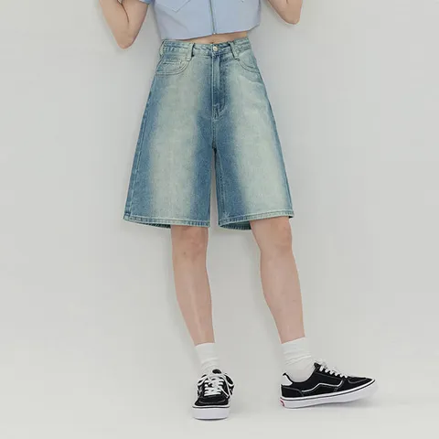 [진마니아]여성 A라인 빅워싱 연청 5부 와이드 데님 쇼츠 팬츠
