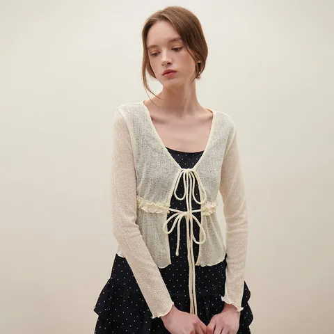 [SATIN] 러플 타이 브이넥 니트 가디건 O252T971
