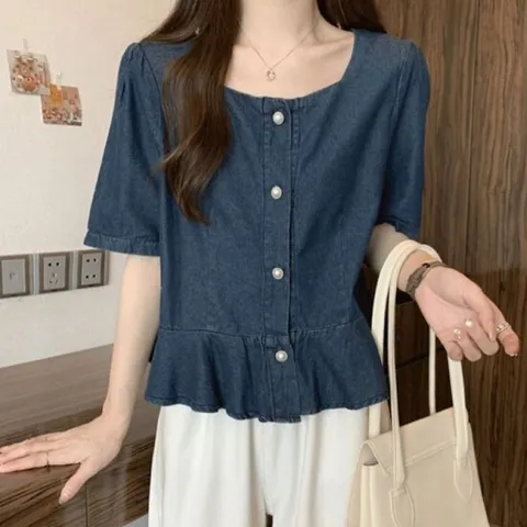 [키첼] 세엘티 데님 반팔 블라우스
