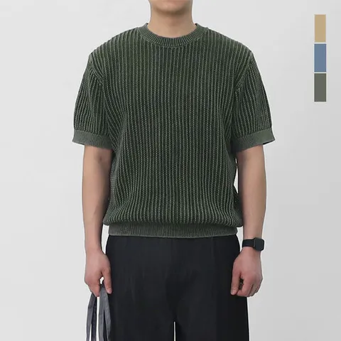 [스콰즈]스콰즈 남자 피그먼트 워싱 니트 여름 캐주얼 반팔 니트