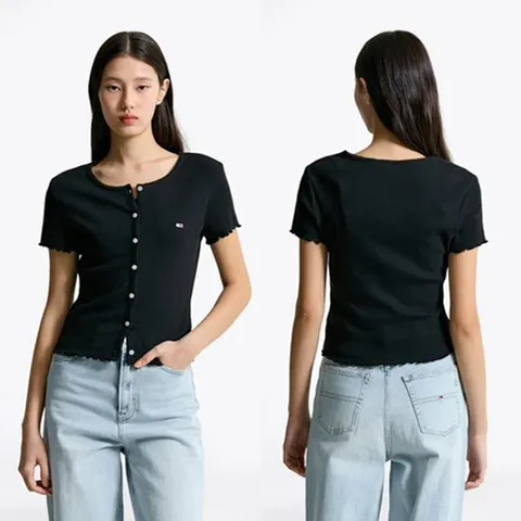 [ 현대백화점 ][타미진] 2종 택1 여성 T32F1TTO15TWT2BDS 슬림 핏 립 버튼 탑 여자 기본 라운드 골지 반팔 SC