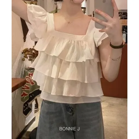 [보니제이]페플림 셔링 블라우스 민소매 티셔츠 프릴 나시 데이