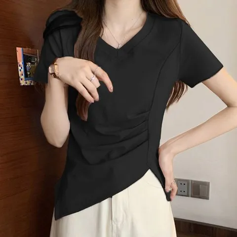 브이넥 티셔츠 핀턱 절개 슬릿 세미크롭 기장 무지티