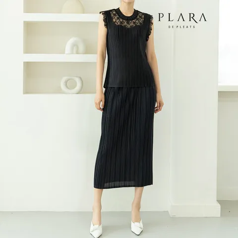 플라라 (88까지)플리츠레이스탑블라우스+스커트SET