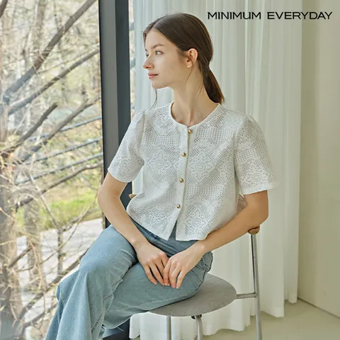 [ 롯데백화점 ][미니멈][미니멈 에브리데이]페미닌 라운드넥 자수 반팔 자켓 (EB2JK009D)