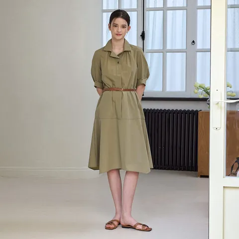 [리안뉴욕][공식] 로우 컷 플레어 셔츠 원피스_카키베이지