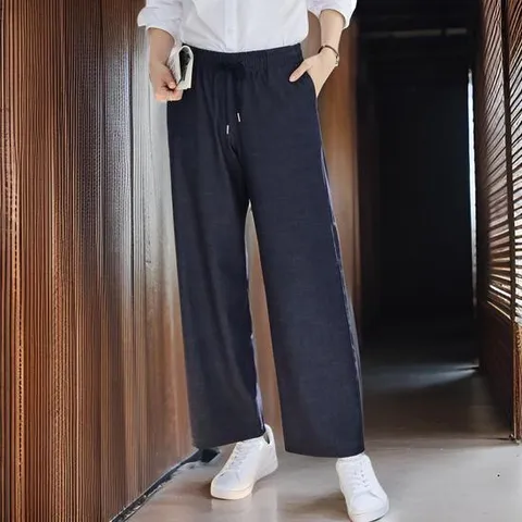 여성 밴딩 스판 블랙 데님 통바지 심플한 여름 청바지