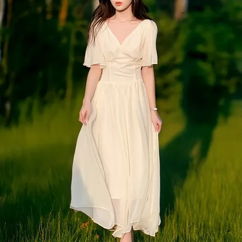 여성 여름 브이넥 연살구 쉬폰 나시 원피스 롱스커트