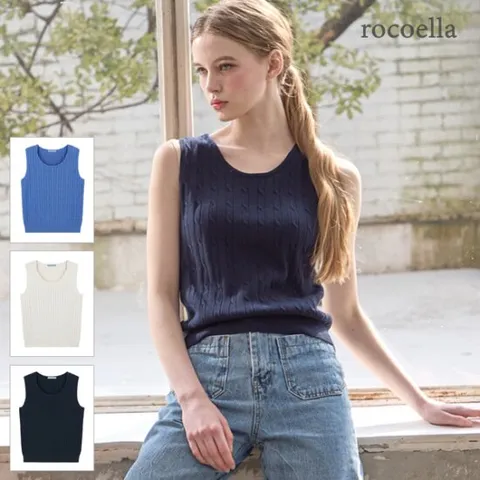 로코엘라 미네스 퓨어코튼 100 케이블 여성 슬리브리스 니트