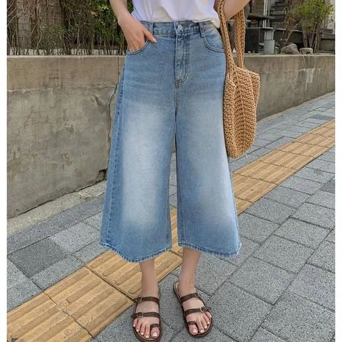 여성 난스판 버뮤다 7부 통청바지 와이드 데님팬츠