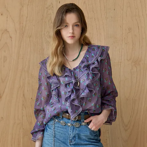 [MAXZA] 미니 리프 프린트 러플 브이넥 쉬폰 블라우스