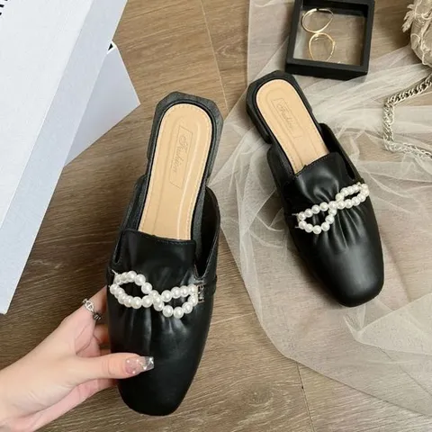 여성 모던 진주알 장식 스트랩 포인트 플랫 블로퍼 뮬