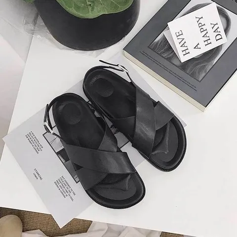 x스트랩 가죽 샌들 여자 블랙 데일리 편한 슈즈