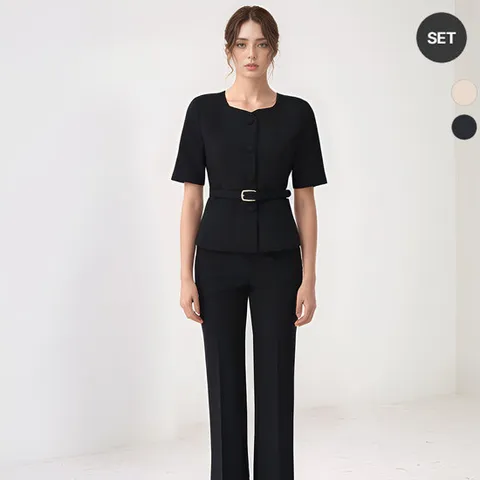 SET 여성 여름 벨티드i 스퀘어넥  정장 자켓+팬츠 세트