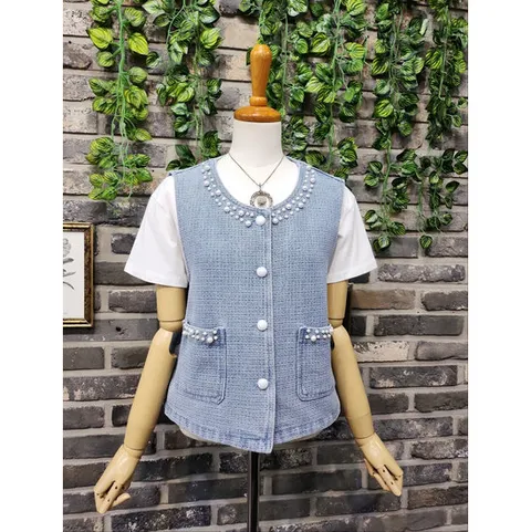 퐁당 / 진주 장식 라운드 노카라 청조끼