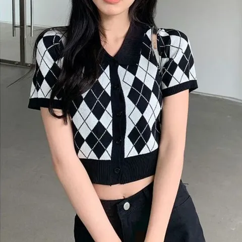 코디피셜 아메리칸 레트로 폴로카라 크롭 반팔 가디건