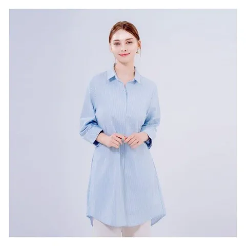 [후스타일][보노보] 여성 루즈핏 린넨 롱 셔츠_블루