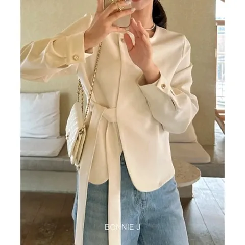 [보니제이]루즈핏 라운드 골드 버튼 허리 끈 여성 봄 자켓 오피