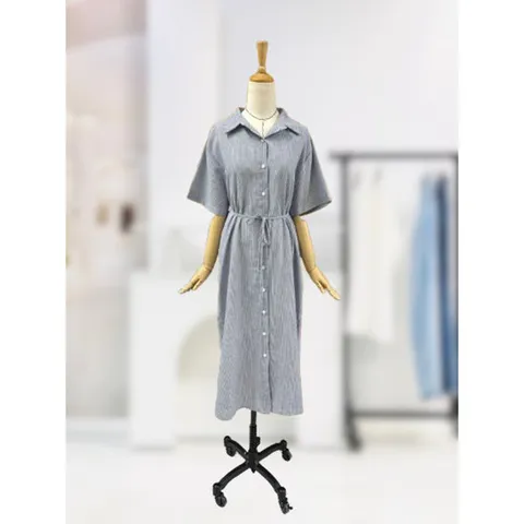 [스타일리쉬바이피클]앞단추 카라 스트라이프 셔츠 반팔 원피스