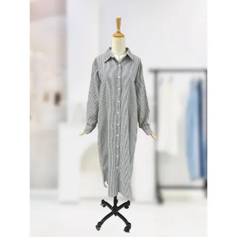 [스타일리쉬바이피클]앞단추 스트라이프 카라 셔츠 롱 원피스 SE