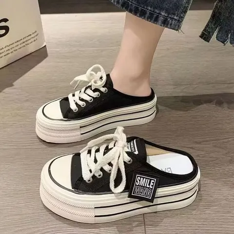 여성 사이드 프린팅 라벨지 스니커즈 통굽 뮬 블로퍼