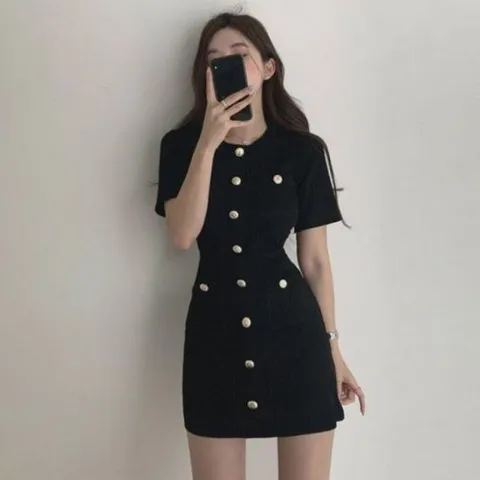 호캉스 버튼 반팔 추천 원피스 H라인 꾸안꾸 미니 트위드 하