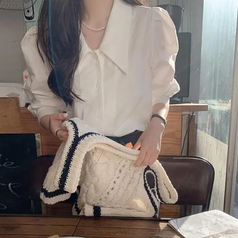 CWTB2258 여성 퍼프 숄더 카라 블라우스 벌룬 소매 화이트 셔츠