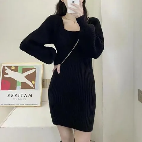 CONS8840 스퀘어넥 니트 미니 숏 원피스 봄 가을 코디 데이트룩