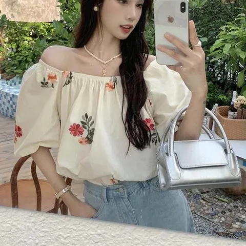 오프 숄더 퍼프 소매 예쁜 꽃무늬 여리 여성 블라우스