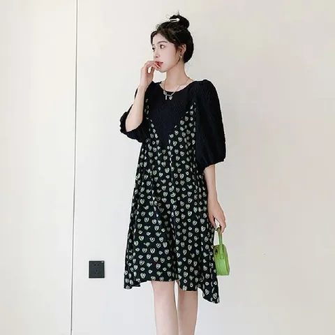 루즈핏 그린 데일리 미디원피스 하트 루즈핏원피스