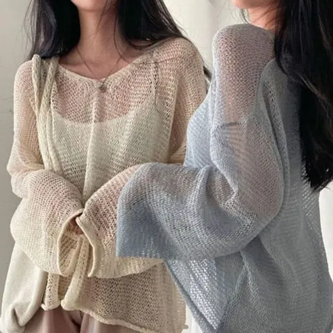 여름 베이직 여성 휴양지 외출 올데이 브이넥 시스루 여자맨투맨