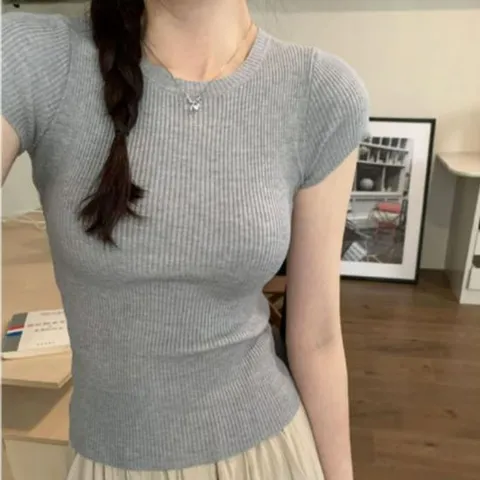 캡소매니트 캡소매 베이직 반팔 라운드 골지니트티 올데이