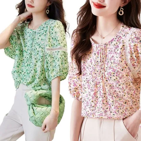 여성 봄 여름 플라워 블라우스 꽃무늬 반팔 데일리