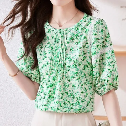 여성 봄 여름 플라워 블라우스 꽃무늬 반팔 데일리 그