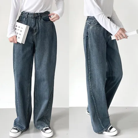 여성 로코 사선 절개 세미 와이드 데님 팬츠