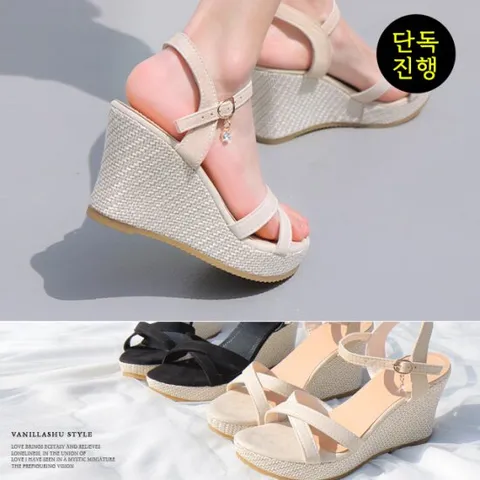 바닐라슈 기획특가 클로나 X탑 스트랩 통굽웨지힐 샌들(8cm)
