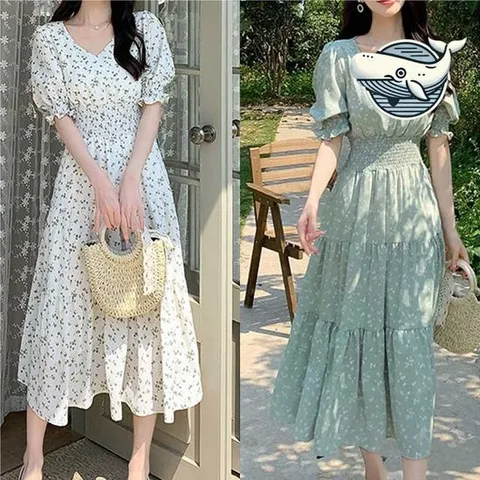 빅카라원피스 쉬폰 플라워 퍼프소매 A라인 여름 원피스